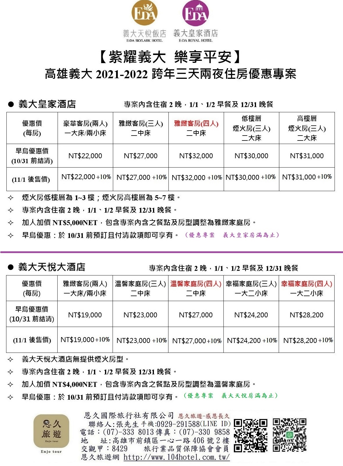 旅行社 2021-2022義大皇家酒店&義大天悅飯店跨年優惠價-恩久