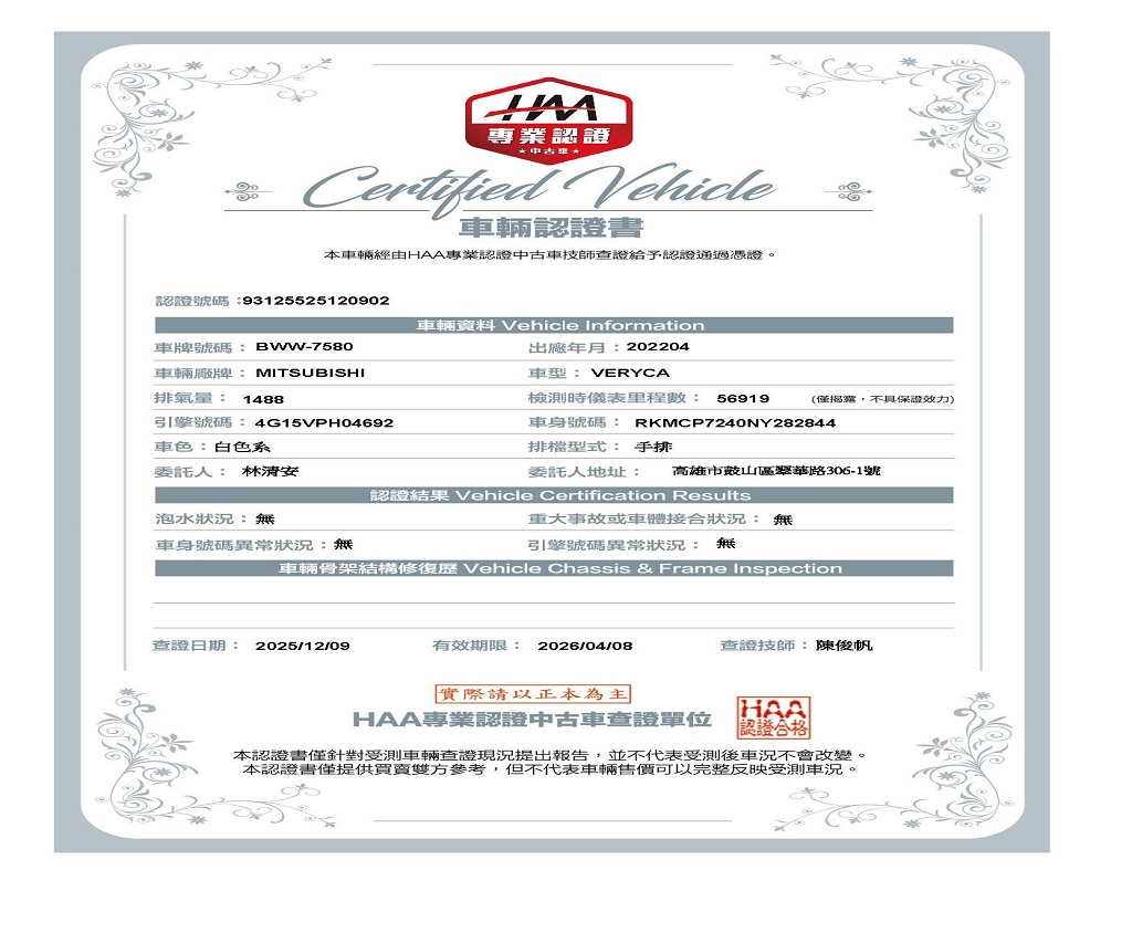 新認證書-有換牌-2022年三菱凌利1.5白 - 複製