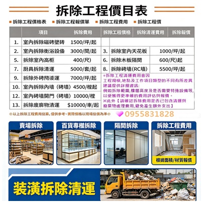拆除清運價格,拆除公司,拆除工程公司,拆除工程價目表,拆除工程廠商,拆除工程推薦,拆除工程台北,拆除費用,拆除報價,拆除估價,拆除工程費用,拆除工程價格,室內拆除工程費用,木作拆除費用,拆除工程報價,裝潢拆除清運費用,全屋拆除,店面拆除,拆除清運公司